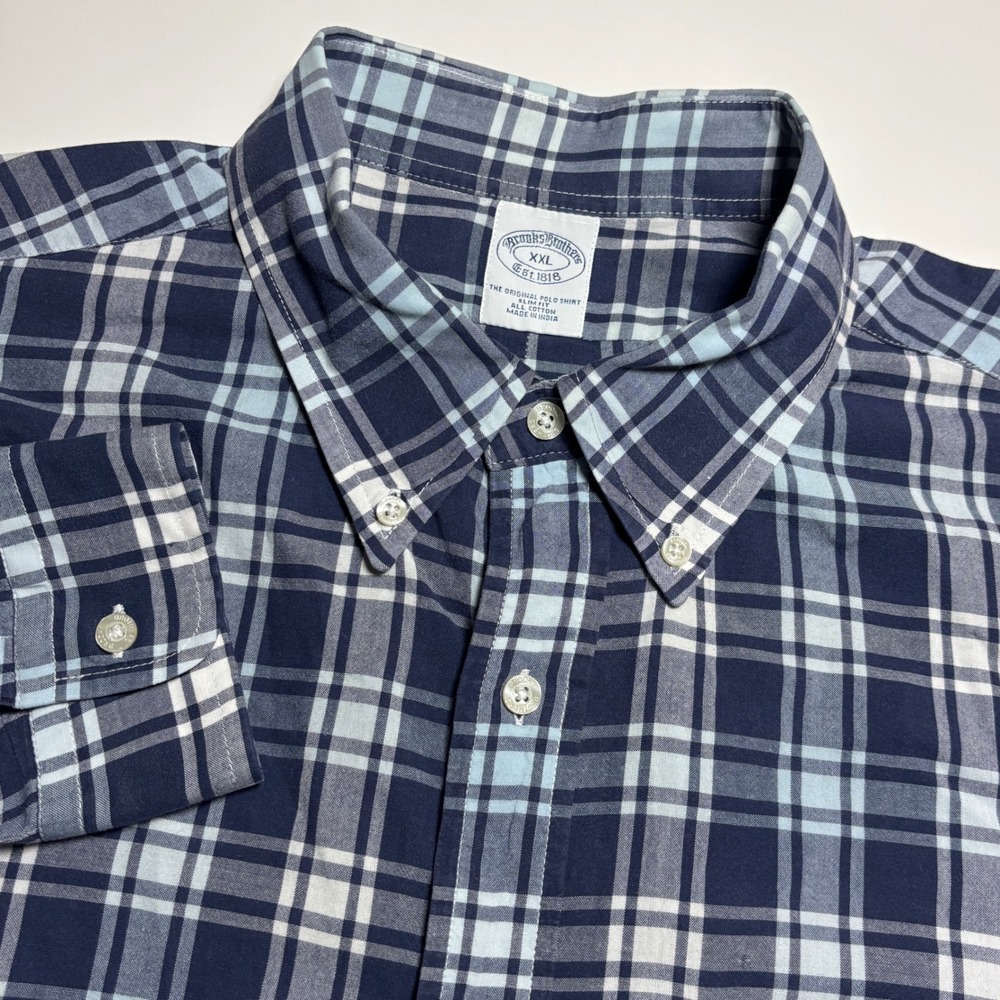 Brooks Brothers Slim Fit Plaid Button Down Shirt Navy Blue‎ Long Sleeve Cotton